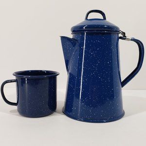 Blue & White, Navy Trimmed Speckled Coffee Pot Enamel Ware with One Cup